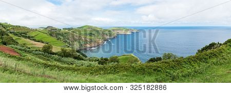 Panoramic View From The Miradouro De Santa Iria On The Island Of São Miguel In The Azores. The View 
