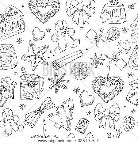 Seamless Christmas Treats Pattern. Christmas Sweet Festive Food Collection.