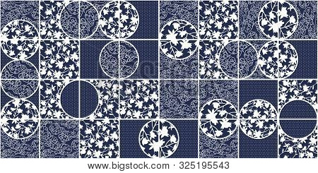 Blye Vector Azulejo Ceramic Tiles. Portuguese Azulegos Seamless Pattern With White And Cyan Colors I