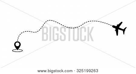 Airplane Travel Concept With Gps Points And Dotted Route Line Icon. Flight End Point Travel Destinat