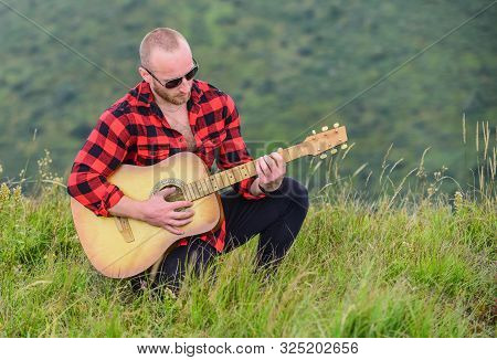 Sound Of Freedom. Musician Hiker Find Inspiration In Mountains. In Unison With Nature. Keep Calm And