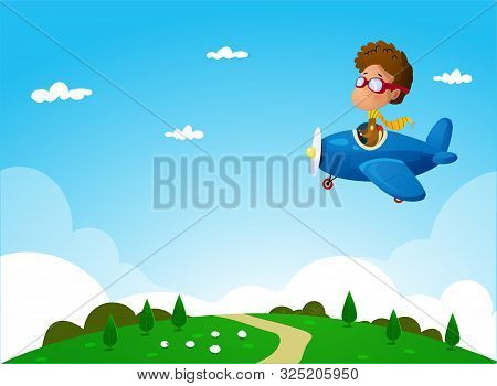 Illustration Of Cartoon Boy Flying On Plane Under The Rural Landscape.vector