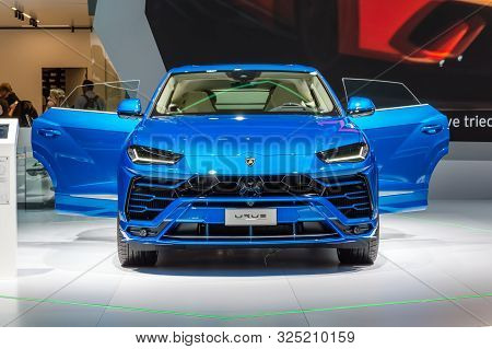 Frankfurt - Sep 15, 2019: Blue Lamborghini Urus Suv Is The First Super Sport Utility Vehicle With Th