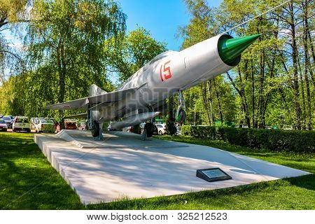 Obninsk, Russia - May 2016: Monument In The Form Of A Mig-21 Fighter Plane Near The Company Technolo