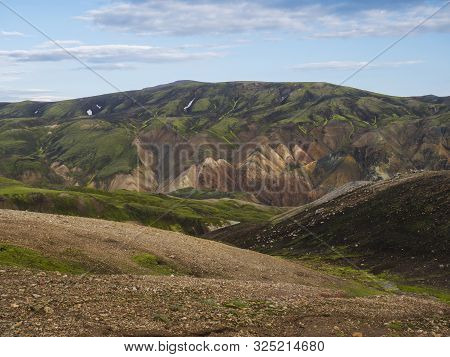 Colorful Rhyolit Mountain Panorma With Multicolored Volcanos In Landmannalaugar Area Of Fjallabak Na