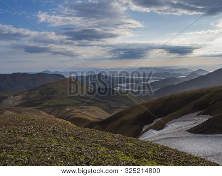Colorful Rhyolit Mountain Panorma With Multicolored Volcanos In Landmannalaugar Area Of Fjallabak Na