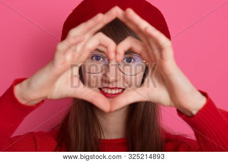 Close Up Portrait Of Beautiful Woman With Dark Staright Hair,wearing Red Headdress, Shirt, Spectacle