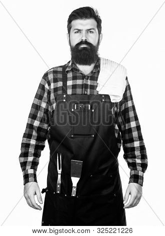 Cooking With Confidence. Master Cook Wearing Grilling Apron. Confident Grill Cook. Bearded Man With 