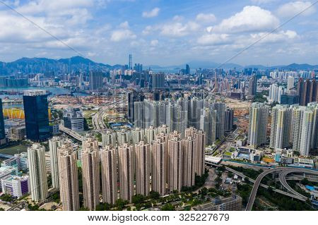 Kowloon Bay, Hong Kong 03 September 2019: Top view of Hong Kong city
