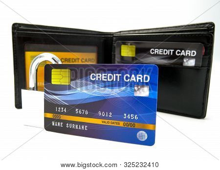 Mockup Credit Card In The Leather Wallet With Security Lock, The Popular Payment Method With Plastic