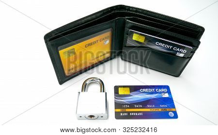 Mockup Credit Card In The Leather Wallet With Security Lock, The Popular Payment Method With Plastic