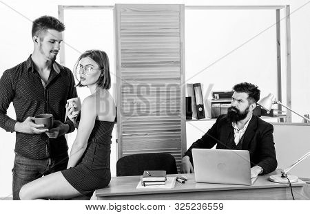 Woman Attractive Working Man Colleague. Office Romance Concept. Sexual Attraction Among Certain Cowo
