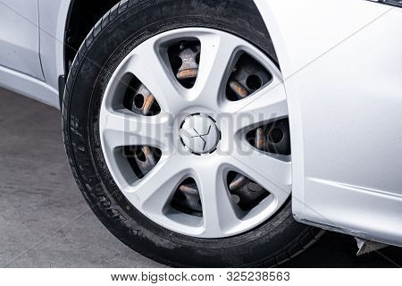 Novosibirsk, Russia - September 07, 2019:  Mitsubishi  Lanser, Close-up Of The Bumper, Alloy Wheel, 