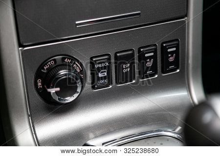 Novosibirsk, Russia - September 07, 2019:  Nissan Pathfinder, Close Up 2wd, Auto, Lock, Esp Off, Sea