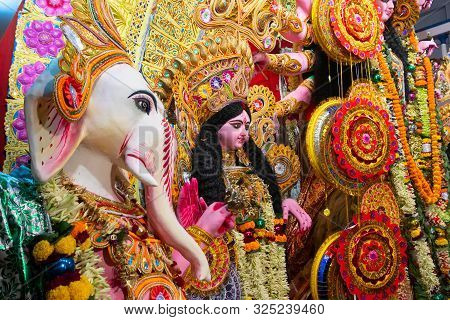 Kolkata, India - October 17, 2018 : Decorated Idol Of Lord Ganesha Beside Goddess Durga, Son Beside 