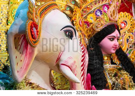 Kolkata, India - October 17, 2018 : Decorated Idol Of Lord Ganesha Beside Goddess Durga, Son Beside 