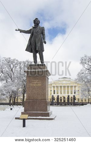 Saint-petersburg, Russia - March 20, 2018: Monument Statue To Aleksander Pushkin On Square Of Arts N