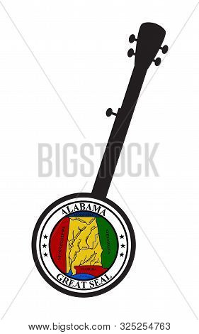 A Typical Five String Banjo In Silhouette On A White Background Woth The Icon From The State Seal Of