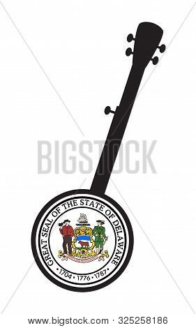 A Typical Five String Banjo In Silhouette On A White Background Woth The Icon From The State Flag Of