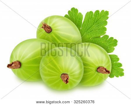 Group Of Ripe Sweet Gooseberries With Leaves Isolated On White Background.