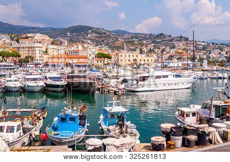 Sanremo, Italy - September 01, 2019: The View On Sanremo Port Full Of Sea Boats, Ships And Yachts. S