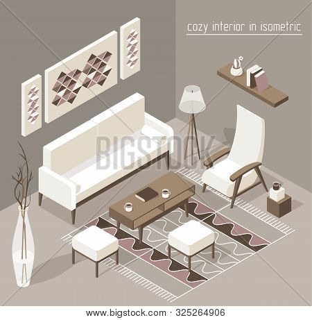 Living Room Isomertic Detailed Set Graphic Illustration In Scandinavian Style