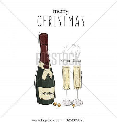 Merry Christmas Decoration, Champagne Bottle And Glasses Full Of Drink With  Bubbles, Luxury Dcorati