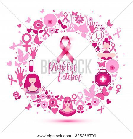 Banner Illustration Of Breast Cancer For October Awareness Month. Icon In Weath.