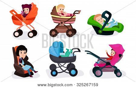 Set Of Vector Illustrations With Six Children Of Different Ages In Various Baby Carriages And Chair
