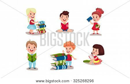 Set Of Vector Illustrations With Various Positions Of Children Reading Books