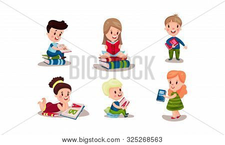 Set Of Six Vector Illustrations With Various Positions Of Children Reading Books