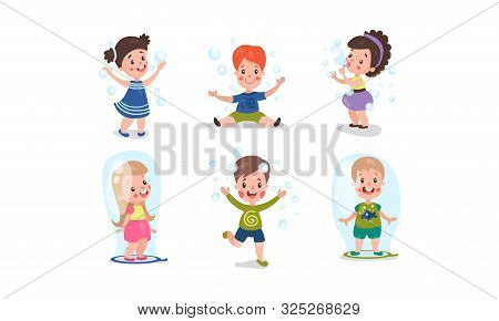 Set Of Six Vector Illustrations With Children Playing With Bubble Blower