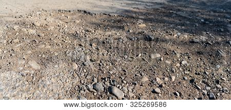 Destroyed Asphalt Cover On Road. Bad Road Condition That Needs Repair. Banner Size, Top View