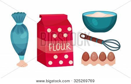 Illustration Of Baking Cartoon Tools And Food Ingredients Isolated On White Background