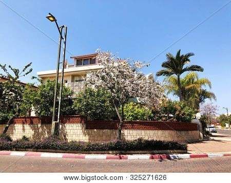 Holon, Israel  April 02, 2019: Private Houses, Trees And Streets In Holon, Israel.