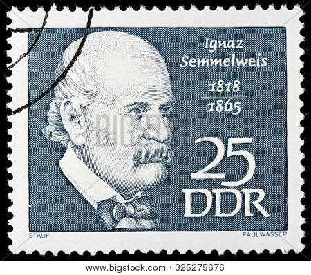 Luga, Russia - September 20, 2019: A Stamp Printed By Germany Shows Ignaz Philipp Semmelweis, Hungar