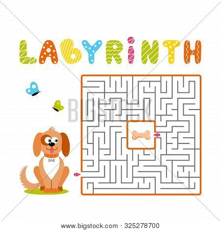 Square Labyrinth With Brown Cartoon Dog And Bone On White Background. Children Maze. Game For Kids. 