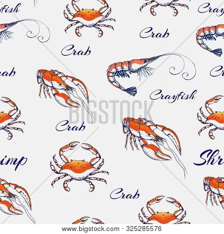 Seamless Vector Seafood Pattern On Gentle Gray Backdrop. Hand Drawn Engraved Seafood Background. Vin