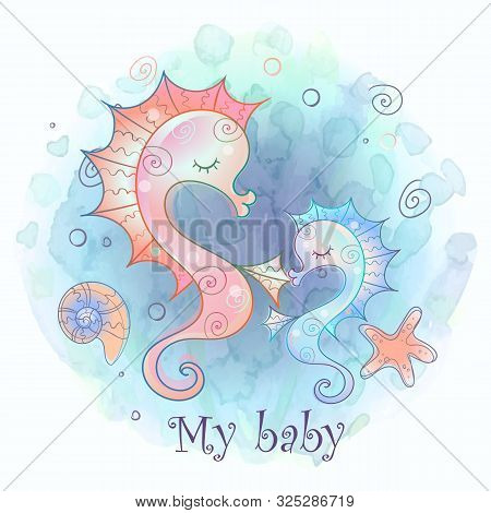 Seahorse Mom And Baby. Baby Shower. Watercolor. Vector.