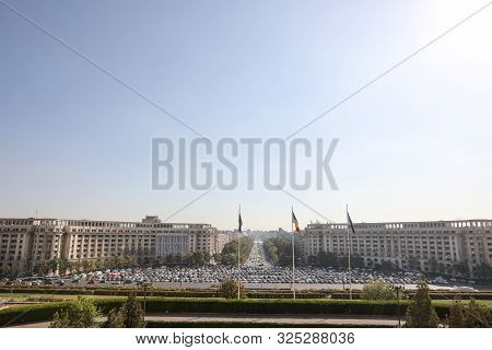 Bucharest, Romania - October 1, 2019: Piata Constitutiei (constitution Square) With A Big Parking Lo