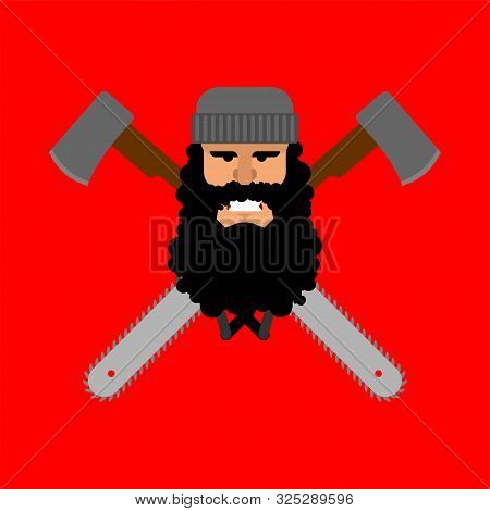 Lumberjack And Chainsaw And Ax Logo. Woodcutter Sign Vector Illustration