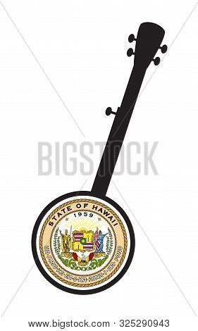 A Typical Five String Banjo In Silhouette On A White Background Woth The Icon From The State Seal Of