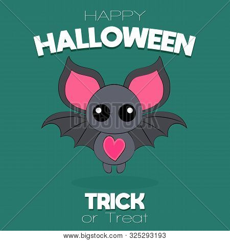 Happy Halloween! Trick Or Treat! Funny Caartoon Bat On Orange Background. Vector Isolated Illustrati