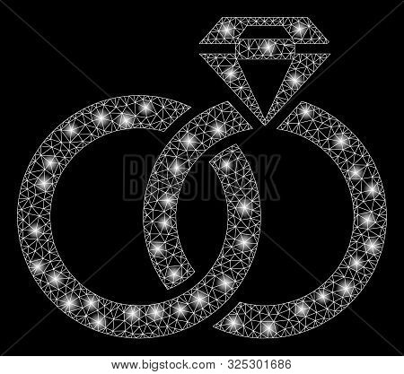 Glowing Mesh Wedding Rings With Gem With Glare Effect. Abstract Illuminated Model Of Wedding Rings W