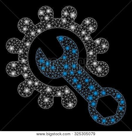 Glowing Mesh System Tools With Glitter Effect. Abstract Illuminated Model Of System Tools Icon. Shin