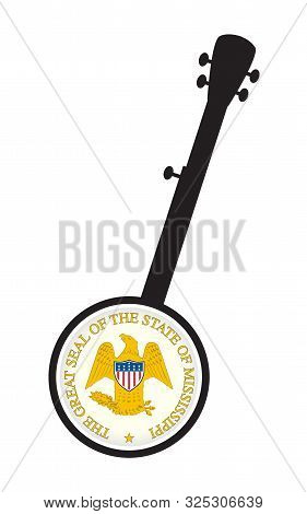 A Typical Five String Banjo In Silhouette On A White Background Woth The Icon From The State Seal Of