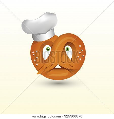 Vector Illustration Of Pretzel Character With Cook Hat. Soft Pretzel With Salt. Fresh Tasty Snack. G
