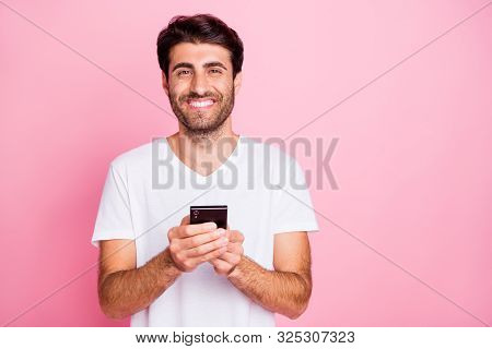 Portrait Of Positive Cheerful Funny Middle Eastern Man Use Hold His Smartphone Read Feednews Feel Co