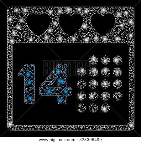 Glowing Mesh Valentine Love Day With Glitter Effect. Abstract Illuminated Model Of Valentine Love Da