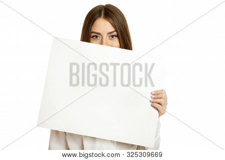 Beautiful Woman And White Signboard Ard Or Copyspace For Slogan Or Text, Isolated
